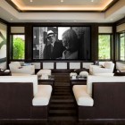 Home Theatre In Elegant Home Theater Design Ideas In Showing White And Brown Sofas Design And Glass Wall Finished The Decor Interior Design Elegant Rustic House Using Soft Color And Wood Combinations