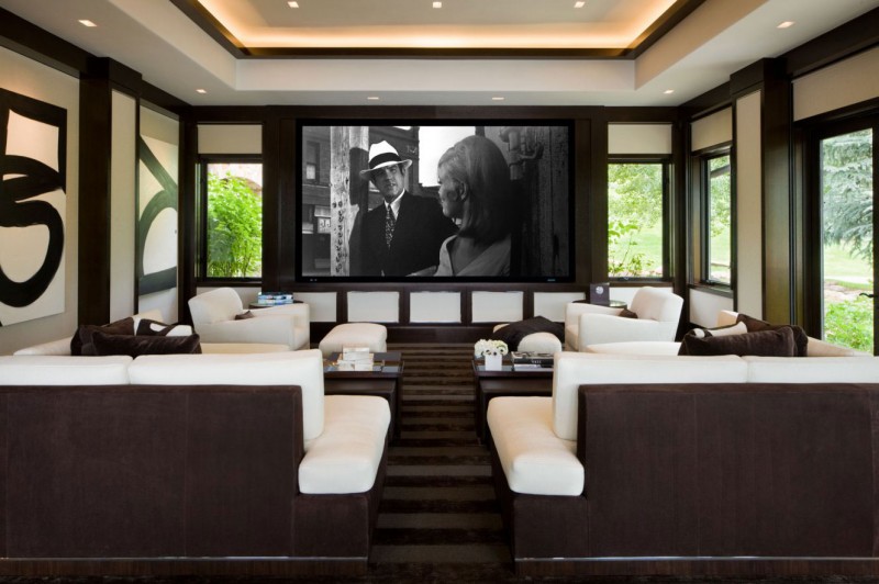 Home Theatre In Elegant Home Theater Design Ideas In Showing White And Brown Sofas Design And Glass Wall Finished The Decor Interior Design Elegant Rustic House Using Soft Color And Wood Combinations