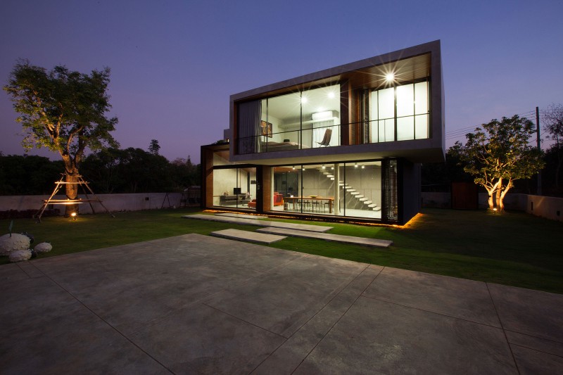 Modern Style With Elegant Modern Style W House With Soft LED Light Sleek Concrete Path On Grassy Courtyard Leafy Greenery Open Plan Interior Architecture Elegant Concrete Home With Spacious And Modern Style In Thailand