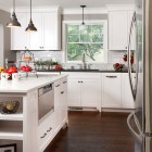 Kitchen With Cupboards Enchanting Kitchen With White Kitchen Cupboards Paint And Island Applied Industrial Pendant Lamps Also Wooden Floor Kitchens Fantastic Kitchen Cupboards Paint Ideas With Chic Cupboards Arrangements