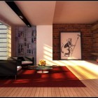 Warm Living Artistic Enchanting Warm Living Room With Artistic Banksy Art On Red Brick Wall Originally Created By Eja With Red Carpet Living Room Artistic Living Room Design For Stylish Modern Home Interiors