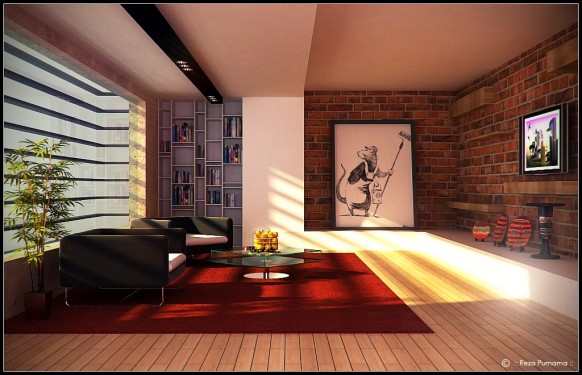 Warm Living Artistic Enchanting Warm Living Room With Artistic Banksy Art On Red Brick Wall Originally Created By Eja With Red Carpet Living Room  Artistic Living Room Design For Stylish Modern Home Interiors