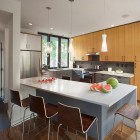 Quarry Street Rubina Excellent Quarry Street House Marina Rubina Flashy White Kitchen Island Tube Pendant Lights Rustic Wood Bar Stools Sophisticated Appliances Decoration Stylish Contemporary Prefab House With Industrial Wooden Furniture