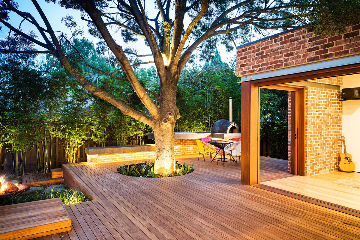 Backyard Deck Big Exciting Backyard Deck Design With Big Tree At Maroon Modern Backyard Project Surrounded By Bamboo Tree Decoration  Beautiful Modern Backyard Ideas To Relax You At Charming Home