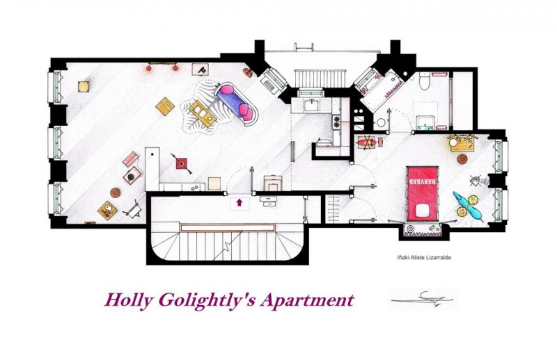 Holly Golightlys Spacious Exciting Holly Golightly's Apartment With Spacious Area For Family Room With TV Home Floor Plans Installed On Gray Floor Decoration Imaginative Floor Plans Of Television Serial Movie House