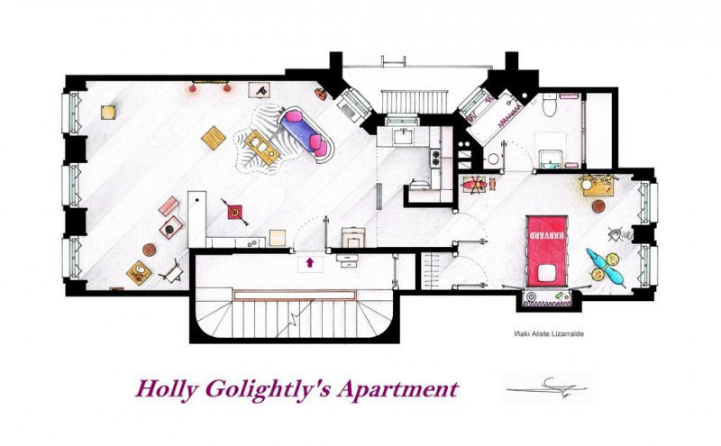 Holly Golightlys Spacious Exciting Holly Golightly's Apartment With Spacious Area For Family Room With TV Home Floor Plans Installed On Gray Floor Decoration  Imaginative Floor Plans Of Television Serial Movie House