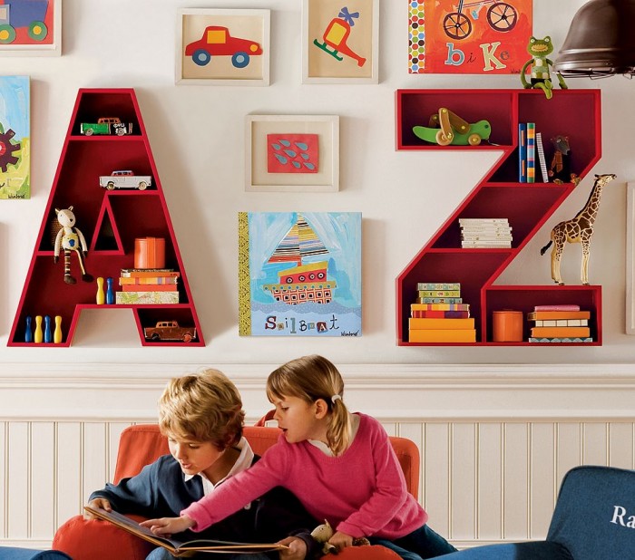 Quirky Alphabet Childs Exciting Quirky Alphabet Storage Units Child's White Playroom Using Red Colored Shelves On White Painted Wall With Mural Kids Room  Cheerful Kid Playroom With Various Themes And Colorful Design