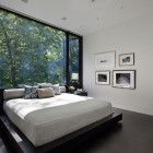 Wooden Bed White Exciting Wooden Bed In The White Painted Wall Beautified With Nature Mural For Bedroom In The New Canaan Residence Dream Homes Charming Modern House With Beautiful Courtyard And Structures
