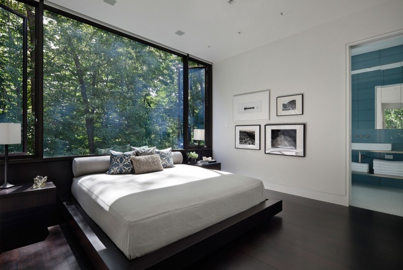 Wooden Bed White Exciting Wooden Bed In The White Painted Wall Beautified With Nature Mural For Bedroom In The New Canaan Residence Dream Homes  Charming Modern House With Beautiful Courtyard And Structures