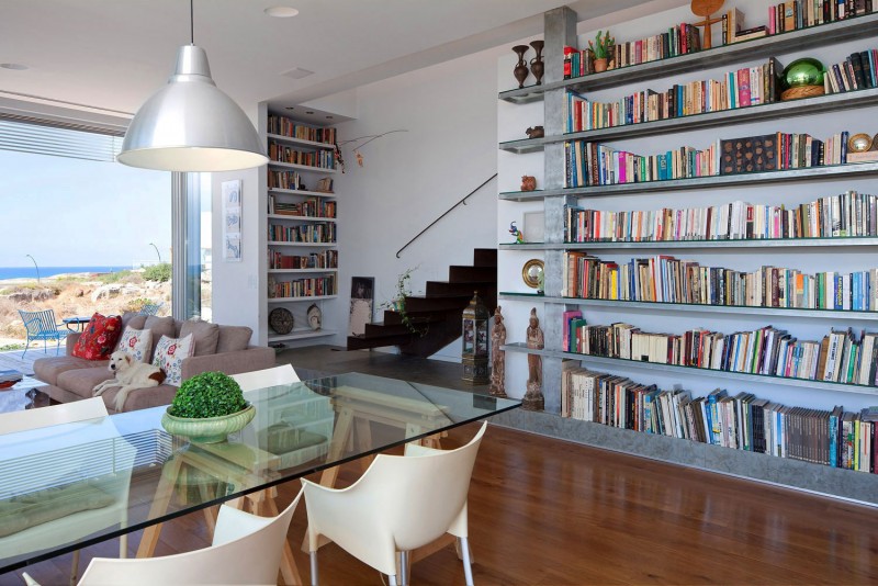 Gray Wooden On Extraordinary Gray Wooden Books Shelves On The White Painted Wall Installed Above Wooden Striped Floor In Artistic Clutter House Decoration  Surprising Home Decoration With An Open Landscape Of Seaside Views