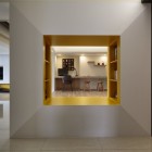 Catching Yellow Painted Eye Catching Yellow And White Painted Modern House Reading Nook Featured With Inset Bookcase For Collectible Books Bedroom Simple Color Decoration For A Creating Spacious Modern Interiors