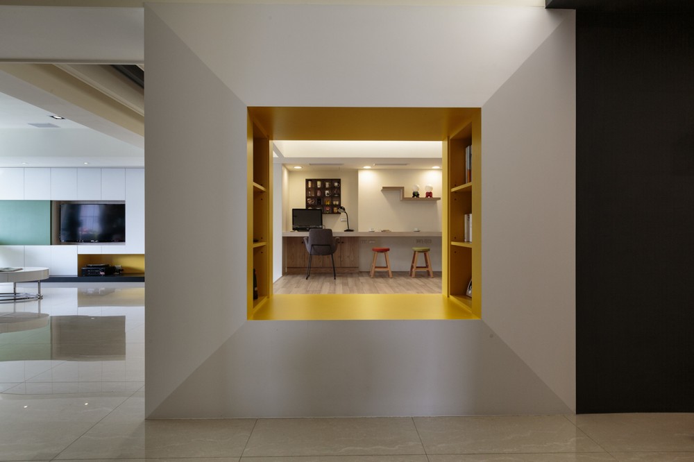 Catching Yellow Painted Eye Catching Yellow And White Painted Modern House Reading Nook Featured With Inset Bookcase For Collectible Books Bedroom Simple Color Decoration For A Creating Spacious Modern Interiors