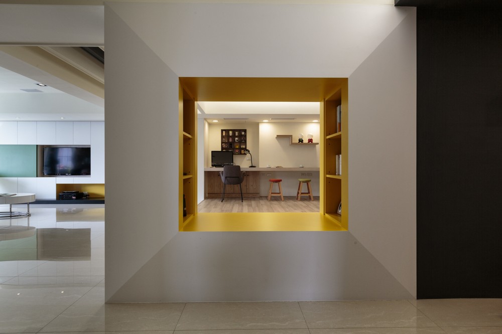 Catching Yellow Painted Eye Catching Yellow And White Painted Modern House Reading Nook Featured With Inset Bookcase For Collectible Books Bedroom  Simple Color Decoration For A Creating Spacious Modern Interiors