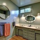 Bathroom Design Wall Fabulous Bathroom Design With Circular Wall Mirror And Green Vanity Ideas At Modern Ranch House Applied Metal Towel Bar Decoration Stylish Modern Ranch Home Interior In Bright Color Decoration