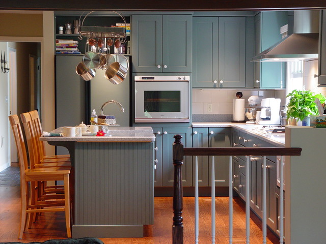 Gray Kitchen In Fabulous Gray Kitchen Cupboards Paint In Transitional Kitchen With Granite Countertop And Hanging Storage Above The Island Kitchens Fantastic Kitchen Cupboards Paint Ideas With Chic Cupboards Arrangements