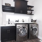 Laundry Room Adorable Fancy Laundry Room Planner With Adorable Washing Machine Wood Floor Minimalist Dark Wall Shelves Artistic Baskets Dark Faucet Porcelain Sink Interior Design Smart And Beautiful Laundry Rooms That Inspire Your Design Creativity