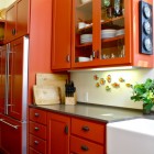 Orange Kitchen In Fancy Orange Kitchen Cupboards Ideas In Mid Century Kitchen With Granite Countertop And White Sink Also Metal Faucet Kitchens Deluxe Kitchen Cupboards Ideas With Enchanting Kitchen Designs