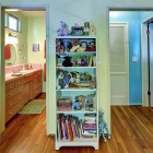 White Open Stone Fancy White Open Bookcase And Stone Storage At Modern Ranch House Bathroom And Kids Room With Wood Floor Decoration Stylish Modern Ranch Home Interior In Bright Color Decoration