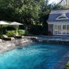Bakcyard With Pool Fascinating Backyard With Small Swimming Pool Clear Pool Water And Decorated Loungers Also White Parasols Swimming Pool Amazing Cool Swimming Pool Bringing Beautiful Exterior Style
