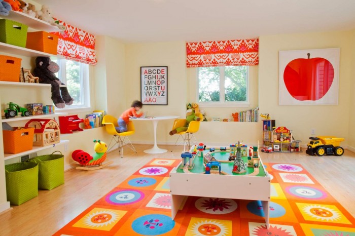 Kids Playroom Wooden Fascinating Kids Playroom With White Wooden Shelving Units On Wall And Modular Coffee Table With Yellow Kids Chairs Kids Room  Cheerful Kid Playroom With Various Themes And Colorful Design