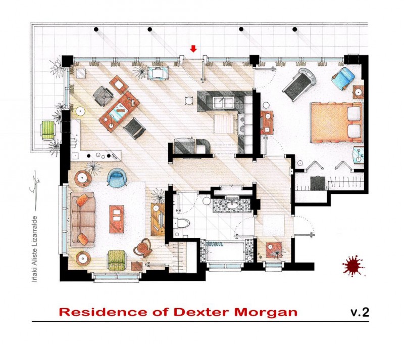 Residence Of Using Fascinating Residence Of Dexter Morgan Using TV Home Floor Plans Installed In Family Rooms With Sofa And Coffee Table Decoration  Imaginative Floor Plans Of Television Serial Movie House