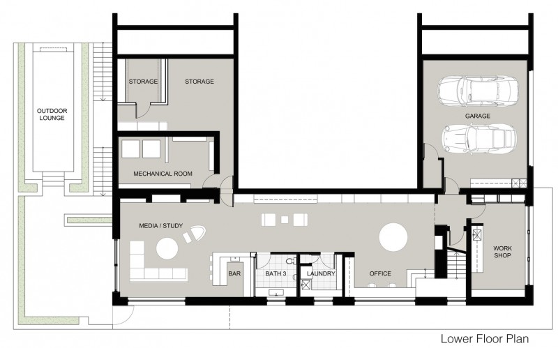 True Story Residence Fascinating True Story New Canaan Residence Lower Floor Plan Displaying Garage Outdoor Lounge And Office Room Dream Homes  Charming Modern House With Beautiful Courtyard And Structures