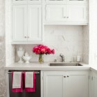 White Kitchen At Fascinating White Kitchen Cabinet Ideas At Small Kitchen With White Countertop And Backsplash With Beautiful Flowers Kitchens Inspiring Kitchen Cabinet Ideas Applying Various Cabinet Designs