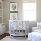 White Painted Completed Fascinating White Painted Round Crib Completed With Skirted Lounge And Ottoman And Open Storage Idea Kids Room Adorable Round Crib Decorated By Vintage Ornaments In Small Room