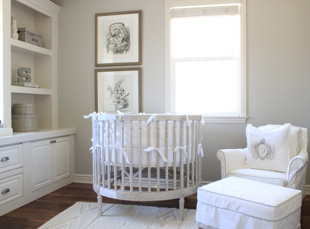 White Painted Completed Fascinating White Painted Round Crib Completed With Skirted Lounge And Ottoman And Open Storage Idea Kids Room Adorable Round Crib Decorated By Vintage Ornaments In Small Room