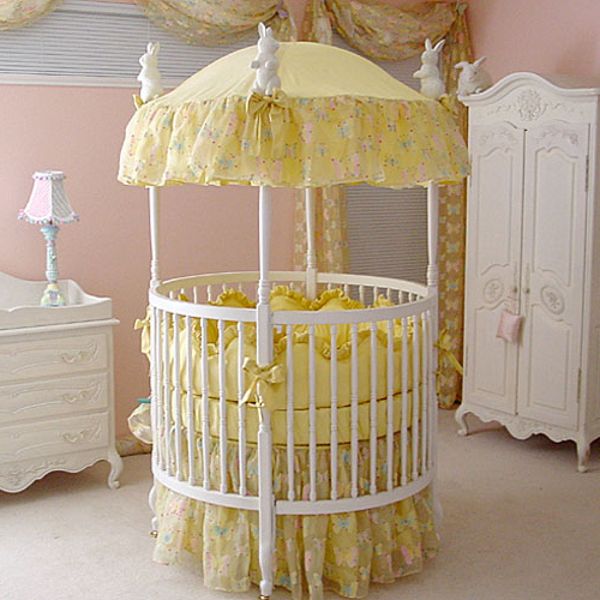 Yellow Colored Round Fresh Yellow Colored Linen Covering Round Crib And The Canopy Decorated With Rabbit Miniatures On Canopy Kids Room Adorable Round Crib Decorated By Vintage Ornaments In Small Room