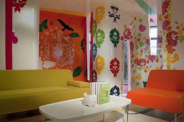 Colorful Patterned On Funny Colorful Patterned Wall Art On White Painted Wall Of Espacio C Mixcoac By ROW Studio Beside Yellow Living Sofa Decoration  Vibrant Modern Interior Decoration For Wonderful Training Center