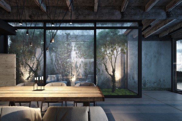 Wall Made To Glazed Wall Made Of Glass To Connect Home Dining Room Interior With Natural View Of Garden With Green Turfs Dream Homes Modern Industrial Interior Design With Exposed Ceiling And Structural Glass Floors