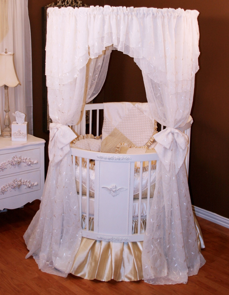 White Round Round Glorious White Round Crib Integrating Round Canopy Completed With Golden Satin Covering The Mattress Kids Room Adorable Round Crib Decorated By Vintage Ornaments In Small Room