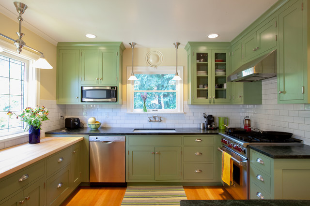 Craftsman Kitchen Green Gorgeous Craftsman Kitchen Design With Green Painted Kitchen Cabinet And White Tile Backsplash Also Dark Granite Countertop Kitchens Colorful Kitchen Cabinets For Eye Catching Paint Colors