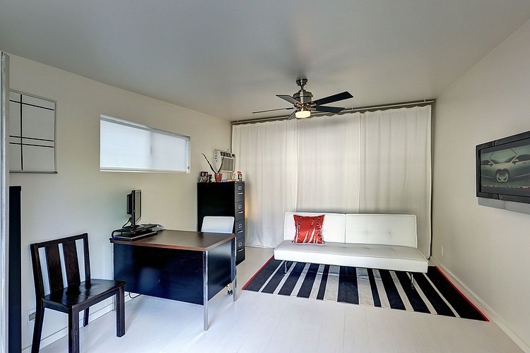 Home Office White Gorgeous Home Office Design With White Sofa And Striped Carpet At Modern Ranch House Applied Metal Fan Ceiling Decoration Stylish Modern Ranch Home Interior In Bright Color Decoration