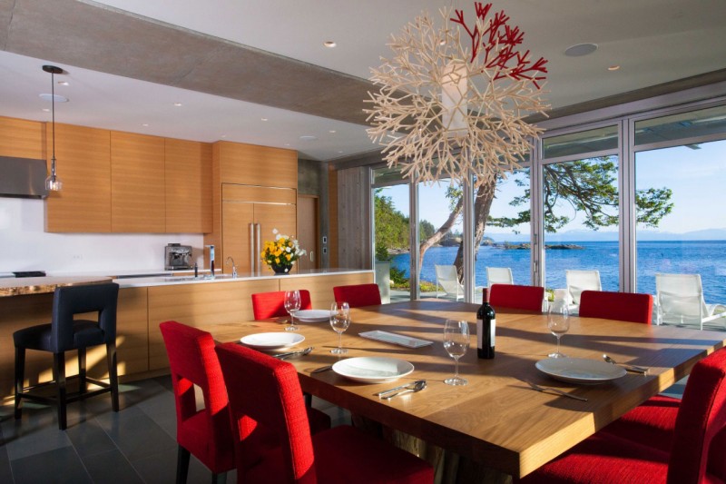 Pendant Light Wood Gorgeous Pendant Light Above Lacquered Wood Dining Table Glossy Red Padded Chairs Wood Kitchen Cabinet Precious Fake Flower In Pender Harbour House Architecture Stunning Waterfront House With Lush Forest Landscape