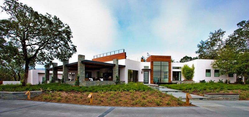 View Of Residence Gorgeous View Of The Calistoga Residence Facade With Wide Stone Terrace Space And Wide Glass Walls Decoration Extravagant Modern Home With Extraordinary Living Room And Roof Balcony