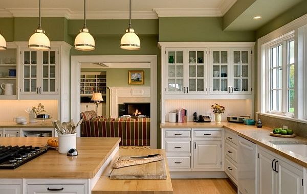 Wall In Furnishing Green Wall In Wooden Cabinets Furnishing That Pendant Lamp Above Stove Beside The Spoon And Fruits Also Kitchens Candid Kitchen Cabinet Design In Luminous Contemporary Style
