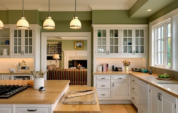 Wall In Furnishing Green Wall In Wooden Cabinets Furnishing That Pendant Lamp Above Stove Beside The Spoon And Fruits Also Kitchens  Candid Kitchen Cabinet Design In Luminous Contemporary Style