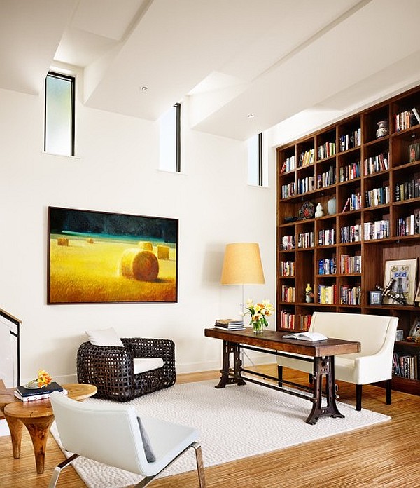 Modern Home With Highly Modern Home Office Design With Big Led Tv Above Black Chair Facing Carpet Between Wooden Tables Decoration Artistic High Ceiling Decorating In Bright Room Interior Style