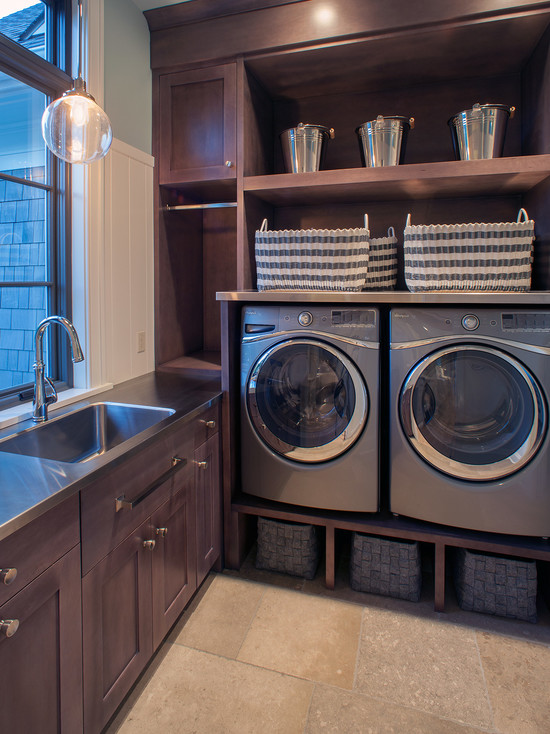 Laundry Room Trendy Iconic Laundry Room Planner With Trendy Washing Machine Striped Baskets Ball Pendant Lights Dark Wood Cabinet Stainless Steel Sink Metallic Baskets Interior Design  Smart And Beautiful Laundry Rooms That Inspire Your Design Creativity