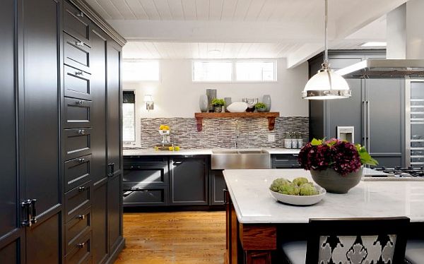 Sask Cres Black Imposing Sask Cres Kitchen With Black Cabinetry With Planters Under White Pendant Lamp That Completed The Area Kitchens Candid Kitchen Cabinet Design In Luminous Contemporary Style