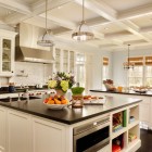 White Vintage Stainless Imposing White Vintage Cabinet With Stainless Steel Range Hood Metallic Pendant Light Square Island With Dark Countertop Kitchen Layout Kitchens Simple How To Design A Kitchen Layout With Some Lovely Concepts