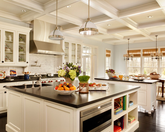 White Vintage Stainless Imposing White Vintage Cabinet With Stainless Steel Range Hood Metallic Pendant Light Square Island With Dark Countertop Kitchen Layout Kitchens  Simple How To Design A Kitchen Layout With Some Lovely Concepts