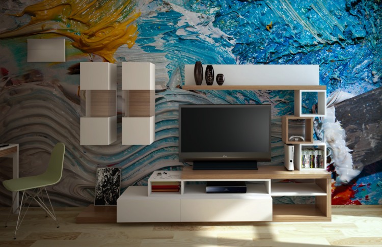 Led Tv Wodoen Impressing Led TV Area With Wooden Storage Using Orange White Colored At The Pixers Bez House Decoration 11 Creative Wall Mural Ideas For Your Beautiful Homes