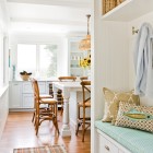 Beach Style Cozy Impressive Beach Style Kitchen Offering Cozy Kitchen Bench With Storage Plaid Kitchen Mat Rustic Bamboo Bar Stools Vintage White Kitchen Cabinet Kitchens Elegant Kitchen Bench With Storage To Provide A Seat And Utilization