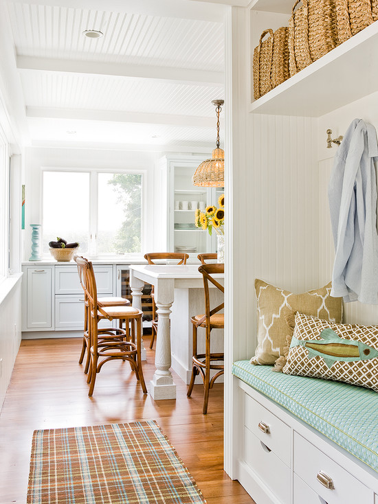 Beach Style Cozy Impressive Beach Style Kitchen Offering Cozy Kitchen Bench With Storage Plaid Kitchen Mat Rustic Bamboo Bar Stools Vintage White Kitchen Cabinet Kitchens Elegant Kitchen Bench With Storage To Provide A Seat And Utilization