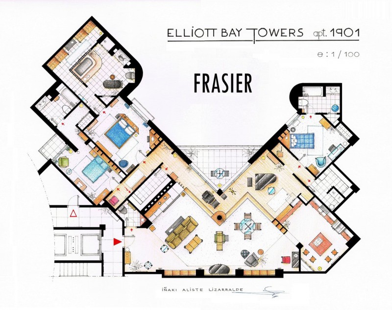 Tv Home Installed Impressive TV Home Floor Plans Installed In Frasier House With Family Room Next To Dining Room Beside Traditional Kitchen Decoration Imaginative Floor Plans Of Television Serial Movie House