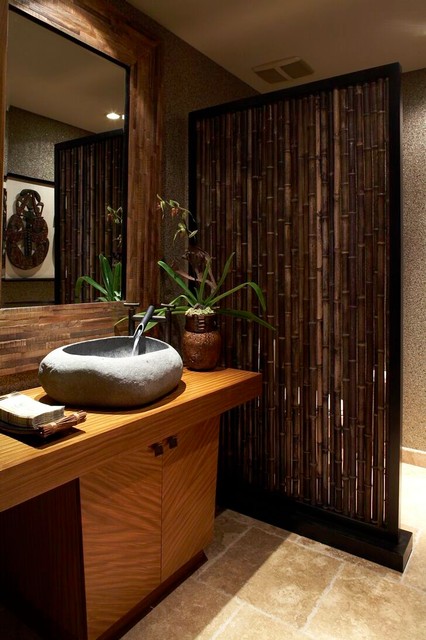 Tropical Bathroom With Incredible Tropical Bathroom Design Interior With Natural Bamboo Wall Panels Decoration Used Wooden Vanity Furniture Ideas Decoration Attractive Bamboo Wall Panels As Eco Friendly Decoration