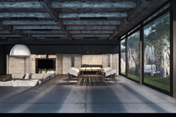 Styled Home Maximized Industrial Styled Home Unitary Room Maximized For Living And Dining Space Decorated With Mounted Beams Dream Homes Modern Industrial Interior Design With Exposed Ceiling And Structural Glass Floors